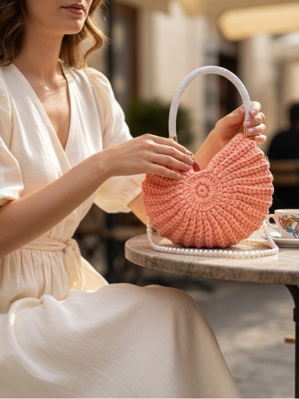Handmade Woven Shell Handbag Orange Crochet Purse Pearl Strap Coastal Beach Bag